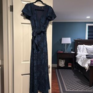 Lulu’s long navy, with detailing, wrap dress